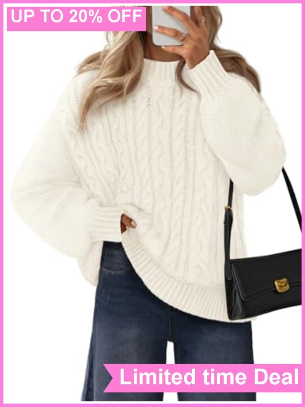Cable Knit Chunky Pullover Sweater Lantern Sleeve Crewneck